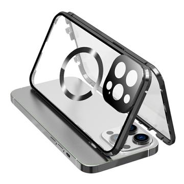 Doppelseitiges gehärtetes Glas+magnetischer Metallrahmen Anti-Drop Case für iPhone 15 kompatibel mit MagSafe Phone Cover mit Schnallenverschluss - Schwarz