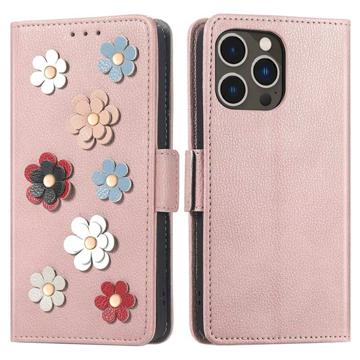 Flower Decor Serie iPhone 14 Pro Wallet Hülle - Roségold