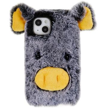 Fluffy Plush iPhone 14 Plus Hybrid Case - Graues Schwein