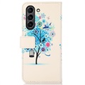 Glam Series Samsung Galaxy S21 FE 5G Wallet Hülle - Blühender Baum / Blau