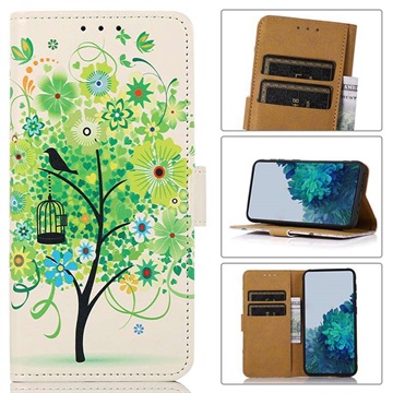 Glam Series Samsung Galaxy S21 FE 5G Wallet Hülle - Blühender Baum / Grün