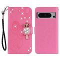 Google Pixel 8 Pro Eule Strass Wallet Hülle - Hot Pink