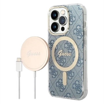 Guess 4G Edition Bundle Pack iPhone 14 Pro Max Hülle & Drahtloses Ladegerät - Blau