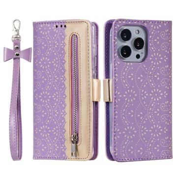 Lace Pattern iPhone 14 Pro Max Wallet Hülle - Violett