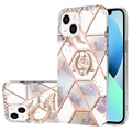 iPhone 15 Marble Pattern IMD TPU Hülle mit Ringhalter - Purpur / Weiß