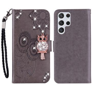 Samsung Galaxy S24 Ultra Eule Strass Wallet Hülle - grau