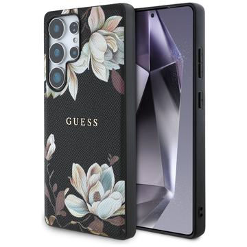 Samsung Galaxy S25 Ultra Guess Grained Printed Flower Pattern Hülle - MagSafe kompatibel - Schwarz