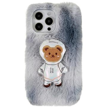 3D Plush Pelziger Winter iPhone 14 Pro Max TPU Hülle - Grau Bär