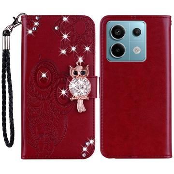 Xiaomi Redmi Note 13 Pro/Poco X6 Eule Strass Wallet Hülle - rot