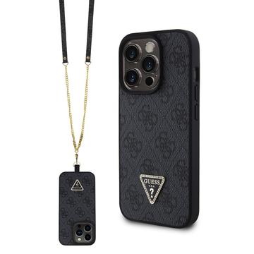 iPhone 15 Pro Guess 4G Strass Triangle Metal Logo Hülle mit Crossbody Riemen