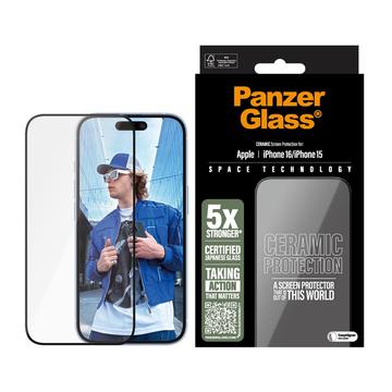 iPhone 16/15 PanzerGlass Ceramic Protection Ultra-Wide Fit EasyAligner Panzerglas - 9H - Schwarzer Rand